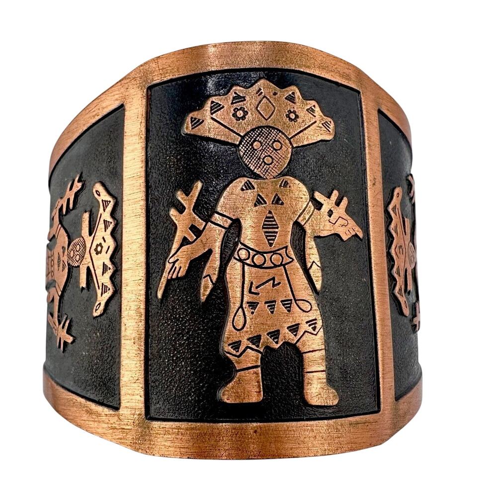 Vintage Southwest Copper 1950s 1960s Kachina Spirit Dancer Wide Cuff Bracelet